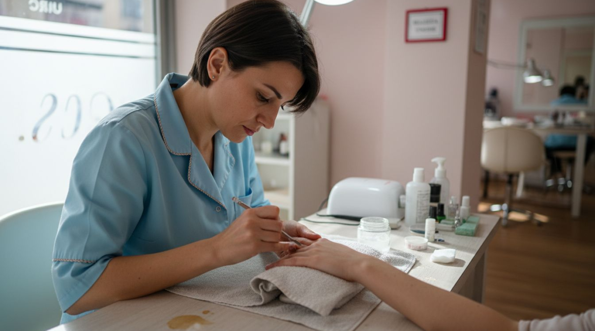 Estetista che prepara la mano di una cliente prima della manicure in salone