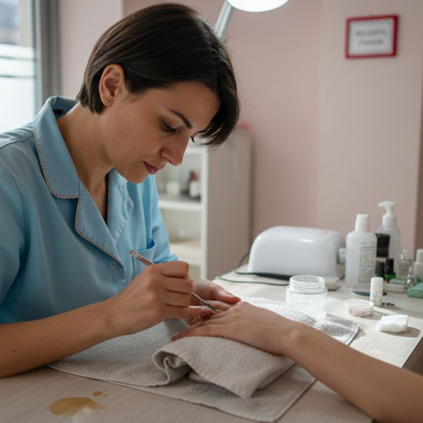 Estetista che prepara la mano di una cliente prima della manicure in salone