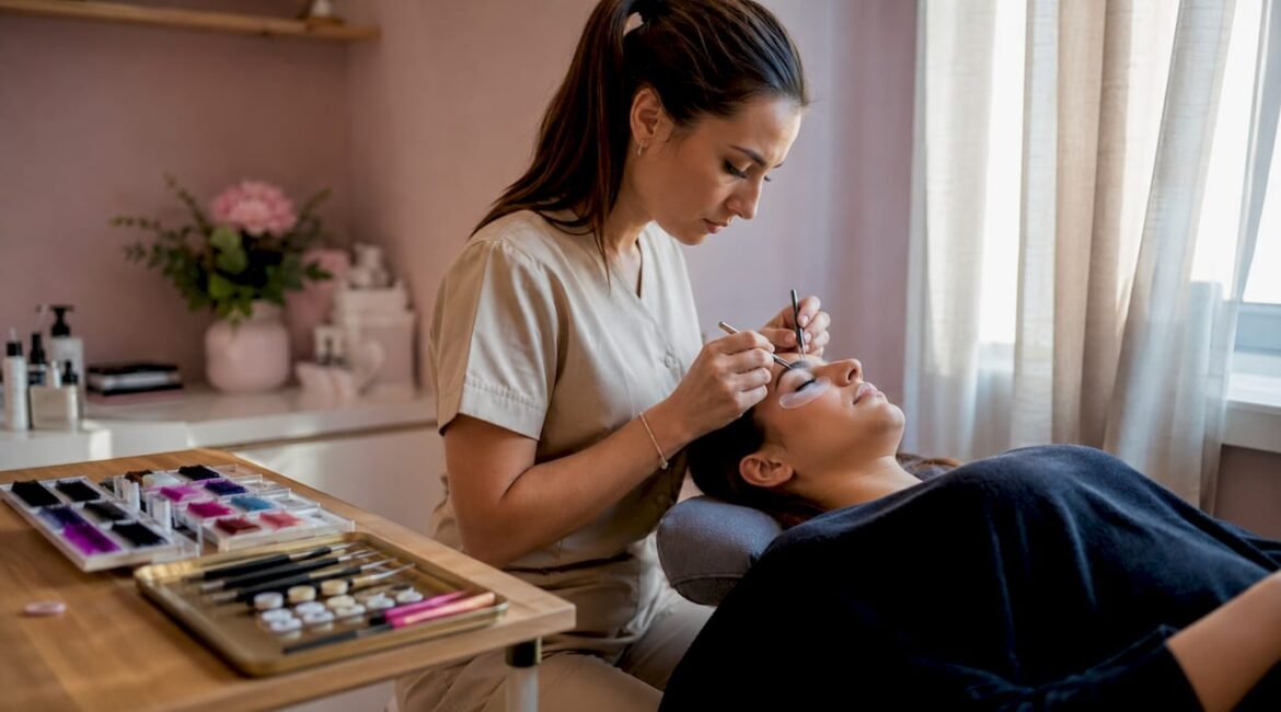 Professionista della bellezza applica extension alle ciglia durante una seduta in salone