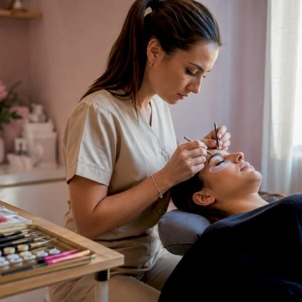 Professionista della bellezza applica extension alle ciglia durante una seduta in salone