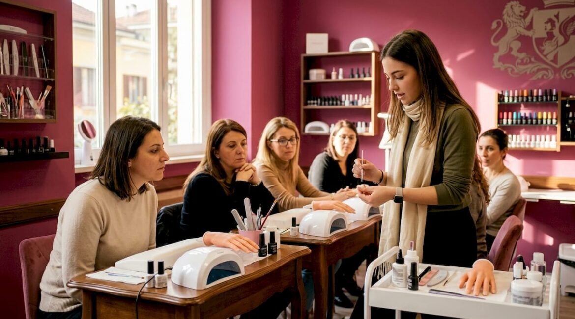 Un'insegnante che mostra alle allieve come prendersi cura delle unghie, spiegando trucchi e tecniche professionali per una manicure perfetta.