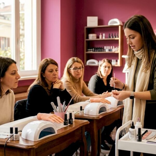 Un'insegnante che mostra alle allieve come prendersi cura delle unghie, spiegando trucchi e tecniche professionali per una manicure perfetta.