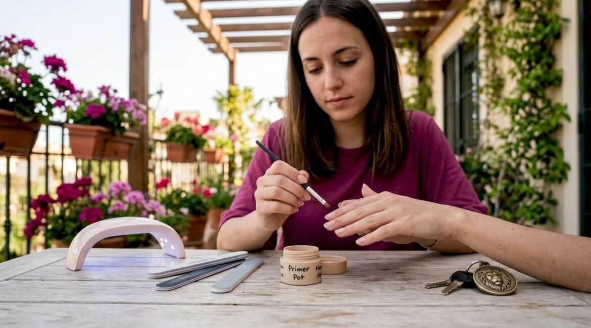 Donna che si prende cura delle proprie unghie utilizzando un kit per la manicure fai da te