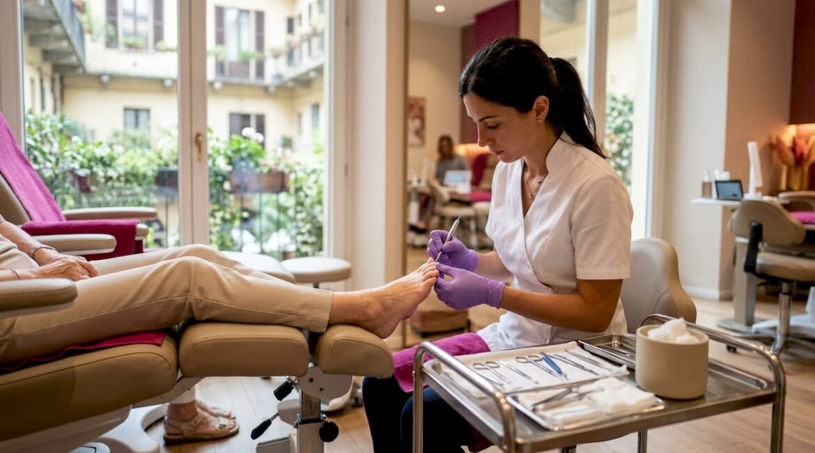 Trattamento professionale di pedicure curativa eseguito in ambulatorio