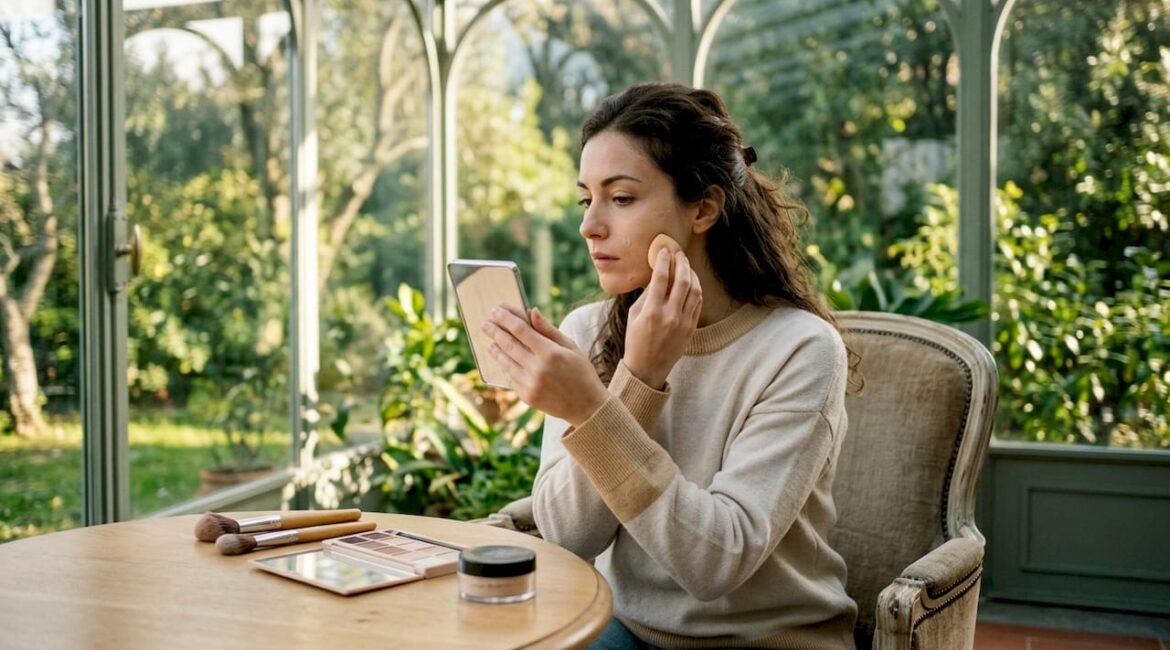 Una donna si sta preparando il viso applicando il fondotinta come base per il trucco.