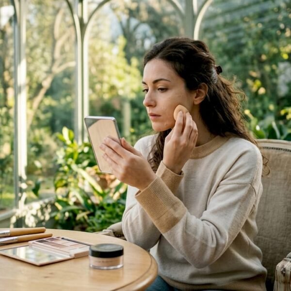 Una donna si sta preparando il viso applicando il fondotinta come base per il trucco.