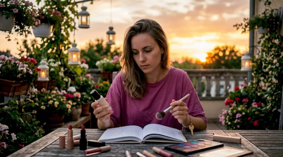 Donna che approfondisce il significato dei termini del make-up consultando i vari prodotti cosmetici.