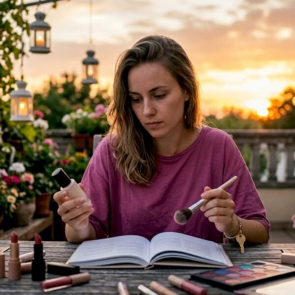 Donna che approfondisce il significato dei termini del make-up consultando i vari prodotti cosmetici.