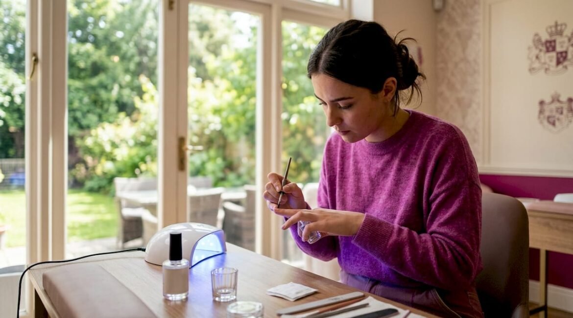 Una donna si prende cura delle sue mani applicando lo smalto semipermanente, per un look elegante e duraturo.