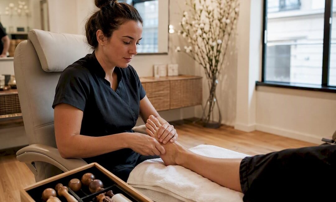 Strumenti per riflessologia plantare e piedi appoggiati su un asciugamano