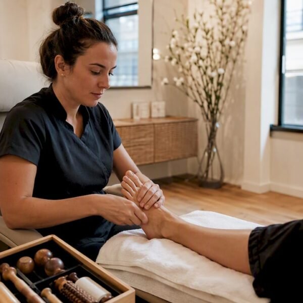 Strumenti per riflessologia plantare e piedi appoggiati su un asciugamano