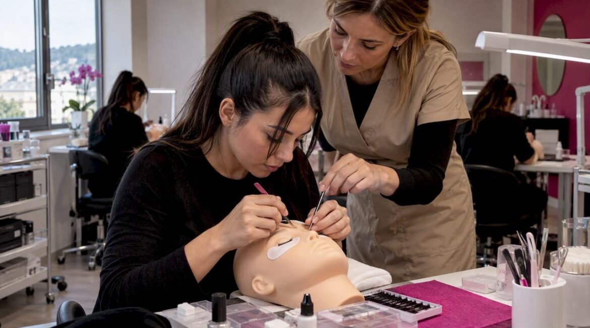 Allieva pratica l'extension delle ciglia in aula