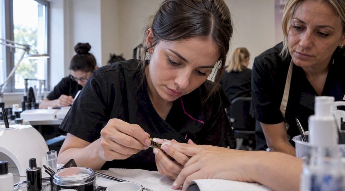 La studentessa applica la Nail Form per la French manicure