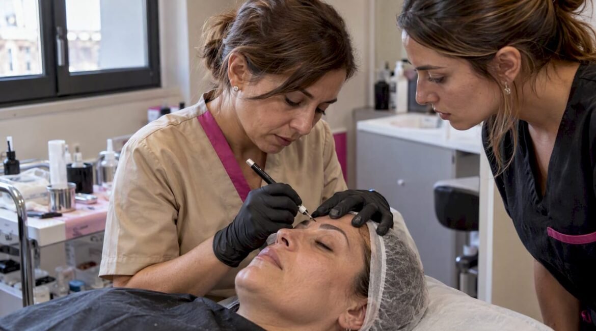 L'insegnante esegue il microblading su una modella