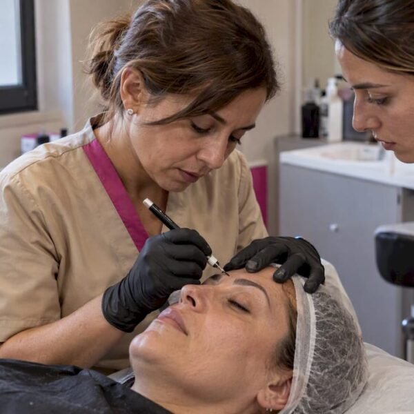 L'insegnante esegue il microblading su una modella