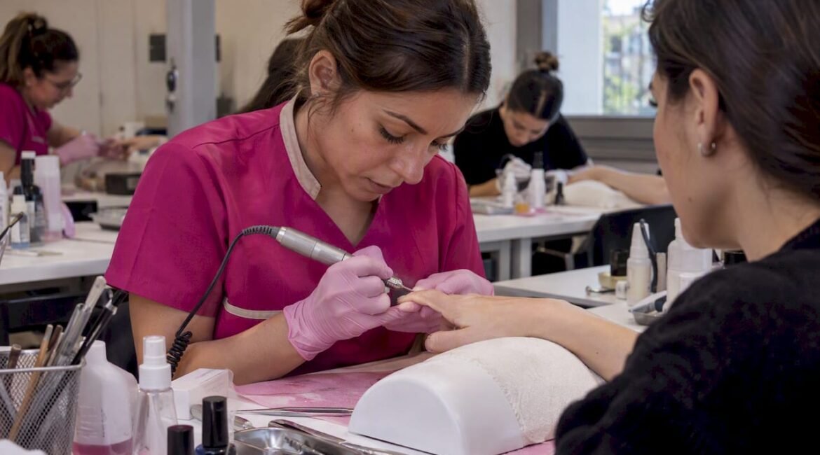 Una corsista esegue la manicure russa su una modella