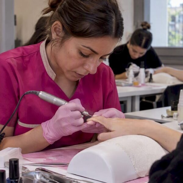 Una corsista esegue la manicure russa su una modella