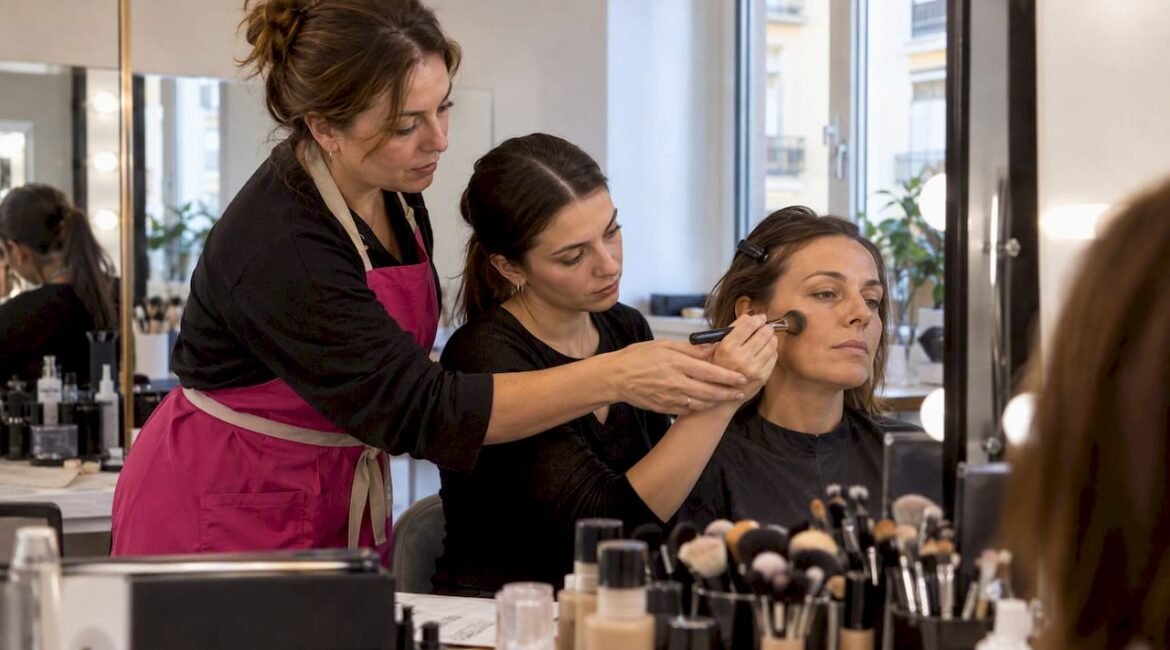 L'insegnante sistema il trucco di una modella