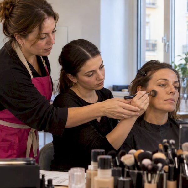 L'insegnante sistema il trucco di una modella