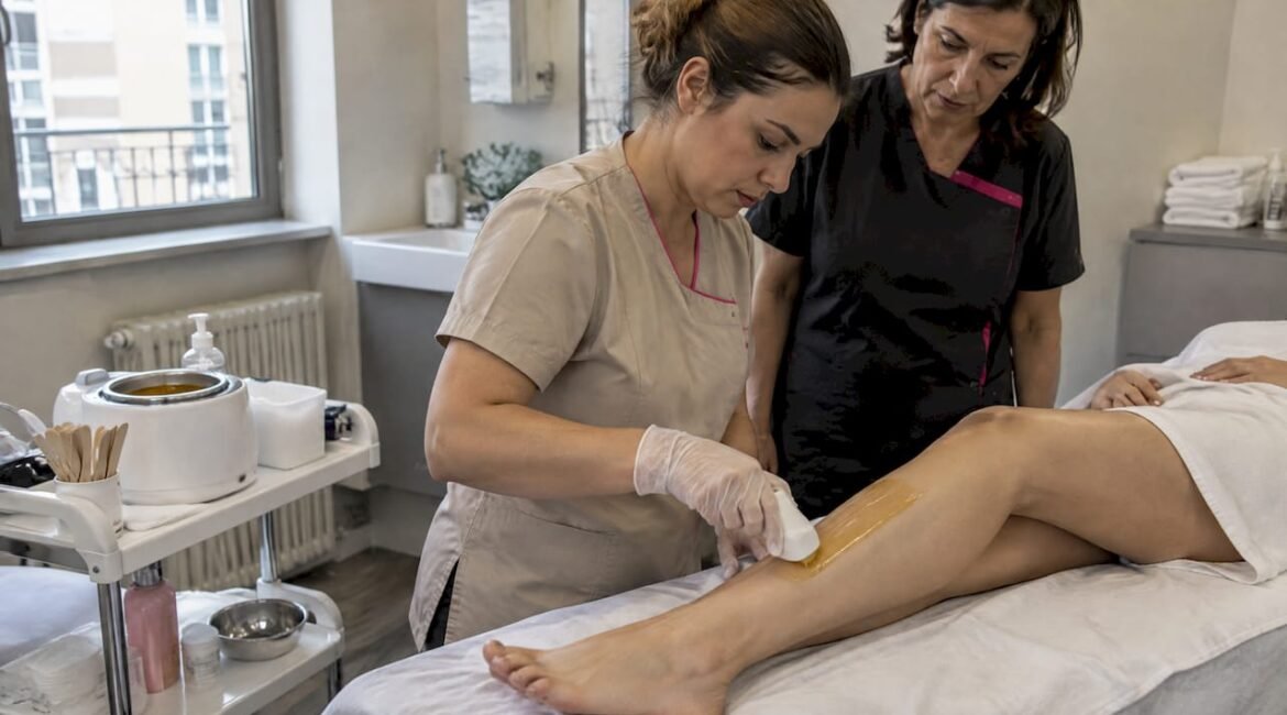 La studentessa si esercita applicando la cera sulla gamba