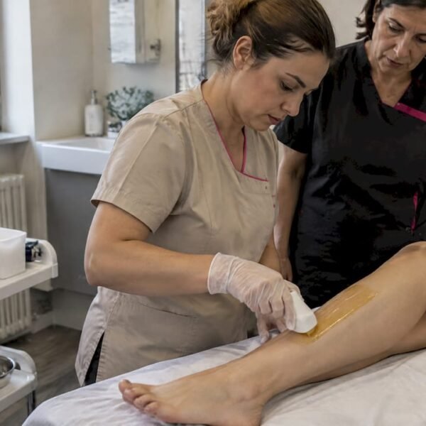 La studentessa si esercita applicando la cera sulla gamba