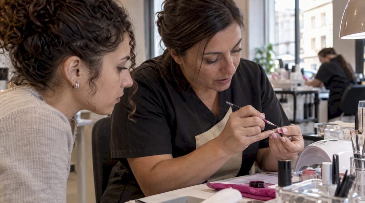 L'insegnante esegue una tecnica di nail art